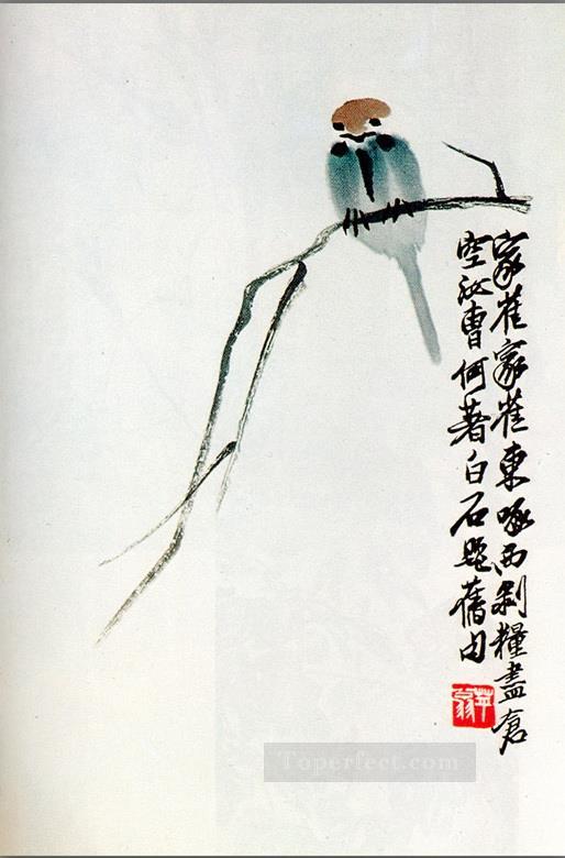 Gorrión Qi Baishi en una rama chino antiguo Pintura al óleo